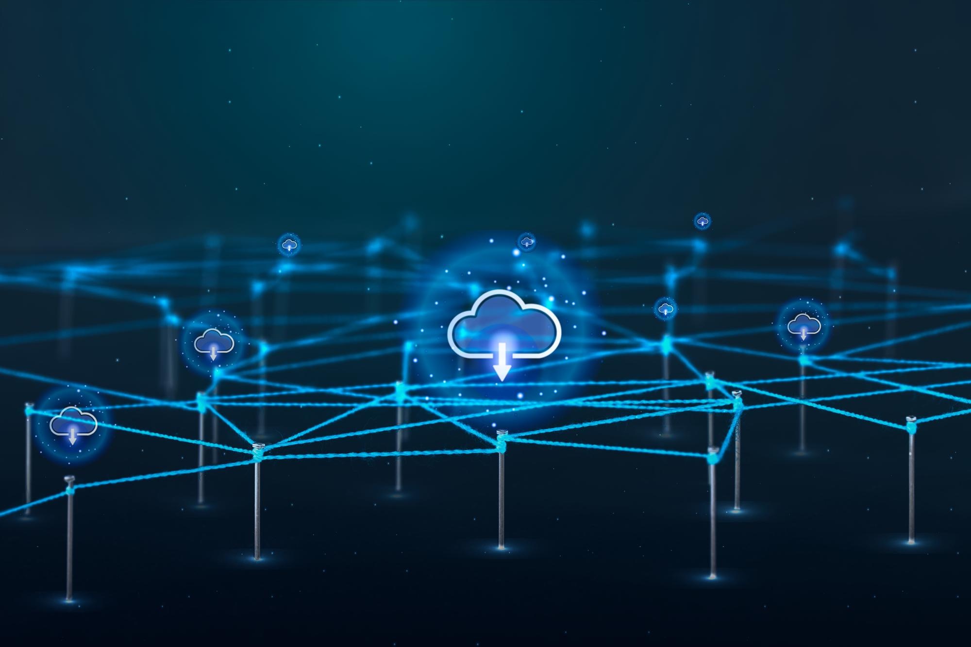 Cloud computing network connection and data storage concept with digital cloud icons.