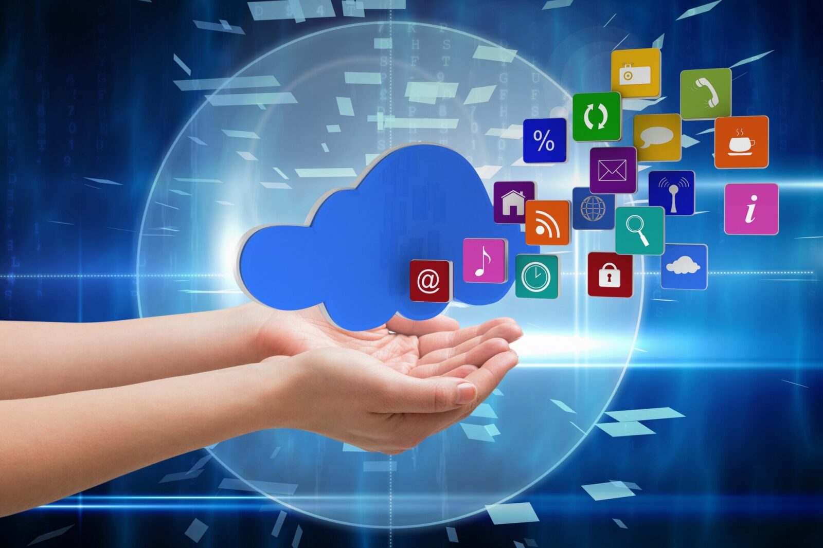 Hands holding digital cloud with multiple application icons representing cloud computing
