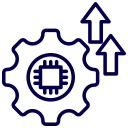 Technology upgrade gear icon with microchip and upward arrows representing AI automation and innovation